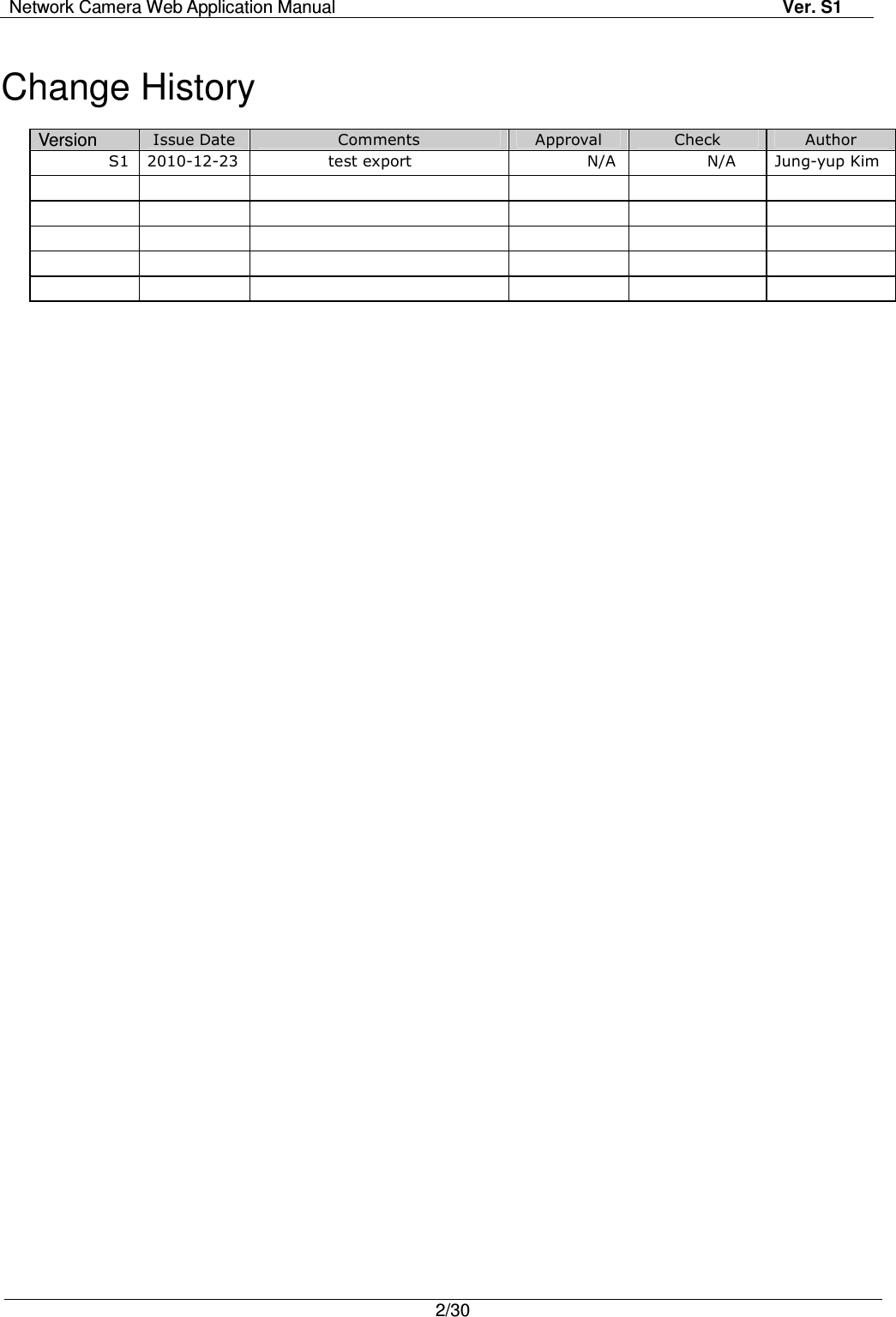 Network Camera Web Application Manual Ver. S1   2/30   Change History  Version  Issue Date Comments  Approval  Check  Author S1 2010-12-23 test export  N/A N/A  Jung-yup Kim                                                        
