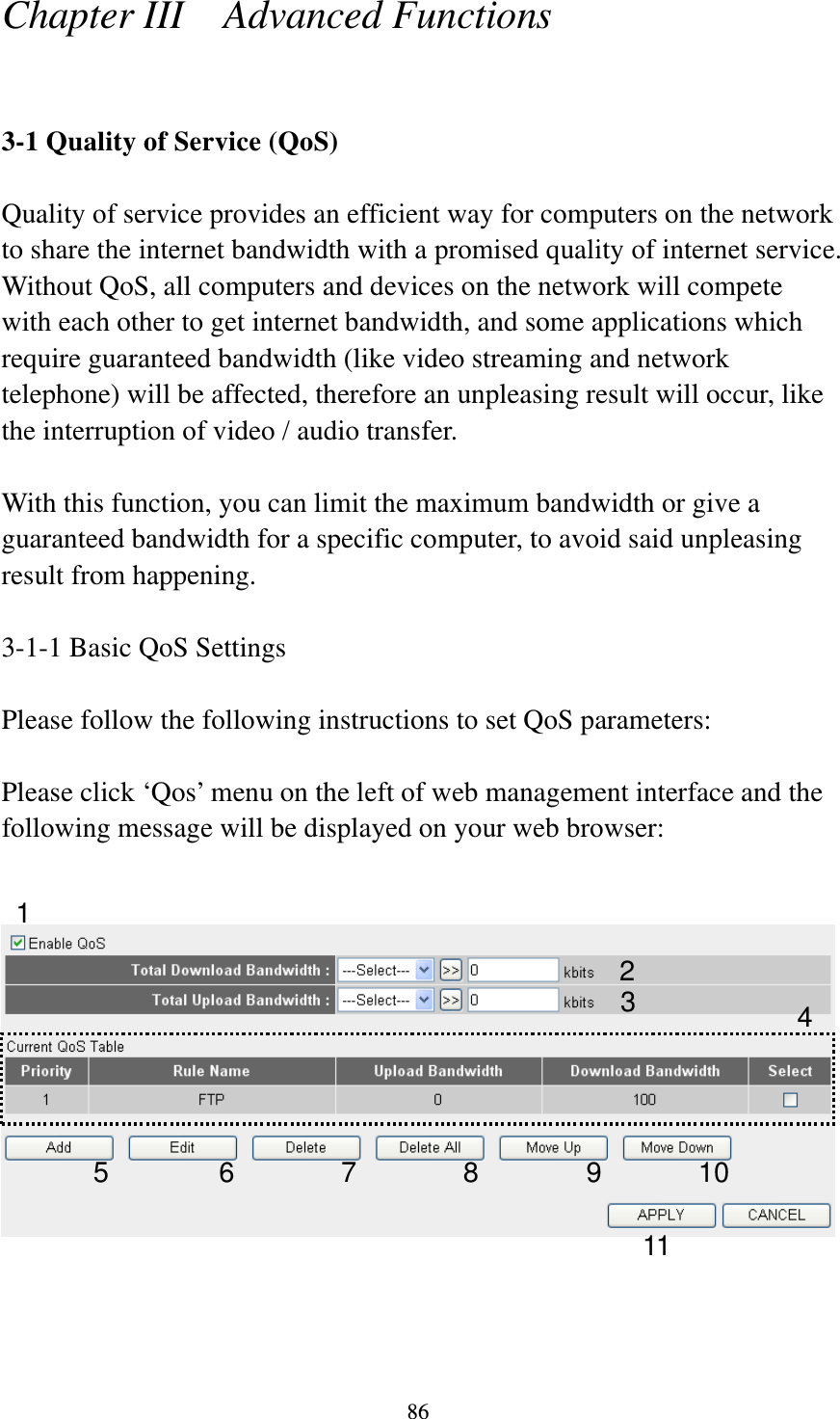86 Chapter III    Advanced Functions  3-1 Quality of Service (QoS)  Quality of service provides an efficient way for computers on the network to share the internet bandwidth with a promised quality of internet service. Without QoS, all computers and devices on the network will compete with each other to get internet bandwidth, and some applications which require guaranteed bandwidth (like video streaming and network telephone) will be affected, therefore an unpleasing result will occur, like the interruption of video / audio transfer.    With this function, you can limit the maximum bandwidth or give a guaranteed bandwidth for a specific computer, to avoid said unpleasing result from happening.  3-1-1 Basic QoS Settings  Please follow the following instructions to set QoS parameters:  Please click ‘Qos’ menu on the left of web management interface and the following message will be displayed on your web browser:       1 2 34 5 6 7 8 9 10 11 
