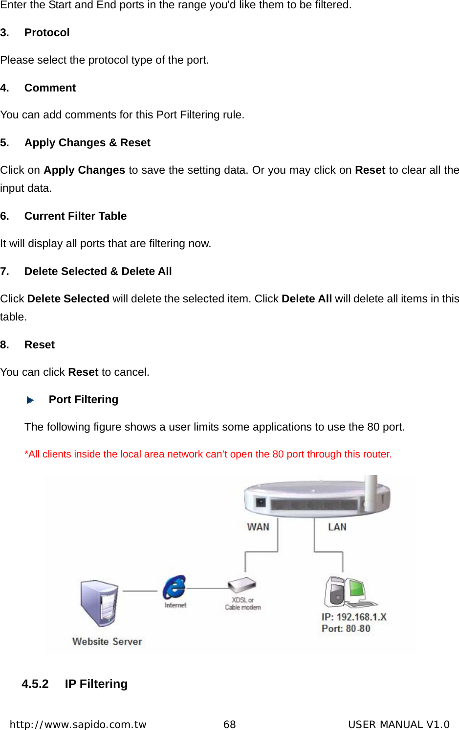  http://www.sapido.com.tw               68                      USER MANUAL V1.0Enter the Start and End ports in the range you&apos;d like them to be filtered. 3. Protocol Please select the protocol type of the port. 4. Comment You can add comments for this Port Filtering rule. 5.  Apply Changes &amp; Reset Click on Apply Changes to save the setting data. Or you may click on Reset to clear all the input data. 6.  Current Filter Table It will display all ports that are filtering now. 7.  Delete Selected &amp; Delete All Click Delete Selected will delete the selected item. Click Delete All will delete all items in this table. 8. Reset You can click Reset to cancel.  Port Filtering   The following figure shows a user limits some applications to use the 80 port. *All clients inside the local area network can’t open the 80 port through this router.  4.5.2 IP Filtering 