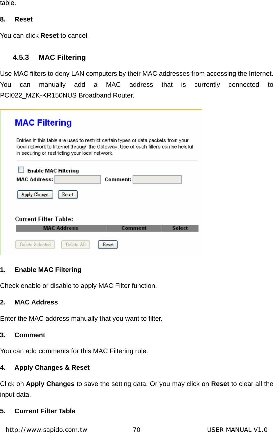  http://www.sapido.com.tw               70                      USER MANUAL V1.0table. 8. Reset You can click Reset to cancel. 4.5.3 MAC Filtering Use MAC filters to deny LAN computers by their MAC addresses from accessing the Internet. You can manually add a MAC address that is currently connected to PCI022_MZK-KR150NUS Broadband Router.    1.  Enable MAC Filtering Check enable or disable to apply MAC Filter function. 2. MAC Address Enter the MAC address manually that you want to filter. 3. Comment You can add comments for this MAC Filtering rule. 4.  Apply Changes &amp; Reset Click on Apply Changes to save the setting data. Or you may click on Reset to clear all the input data. 5.  Current Filter Table 