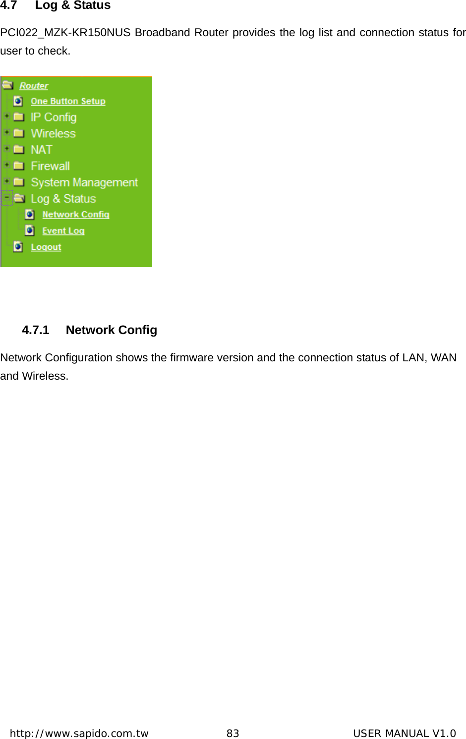  http://www.sapido.com.tw               83                      USER MANUAL V1.04.7  Log &amp; Status PCI022_MZK-KR150NUS Broadband Router provides the log list and connection status for user to check.   4.7.1 Network Config Network Configuration shows the firmware version and the connection status of LAN, WAN and Wireless. 