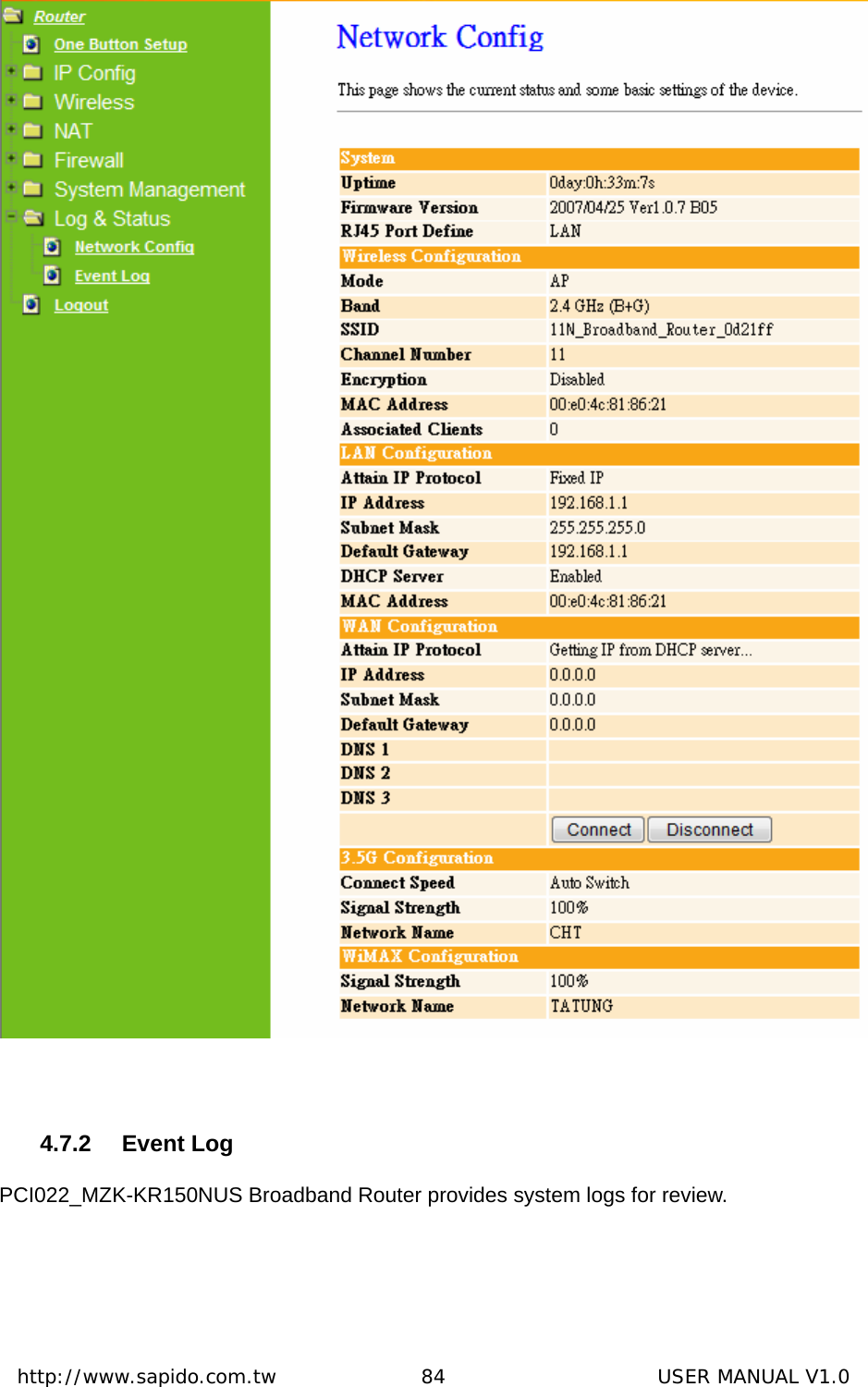  http://www.sapido.com.tw               84                      USER MANUAL V1.0  4.7.2 Event Log PCI022_MZK-KR150NUS Broadband Router provides system logs for review. 