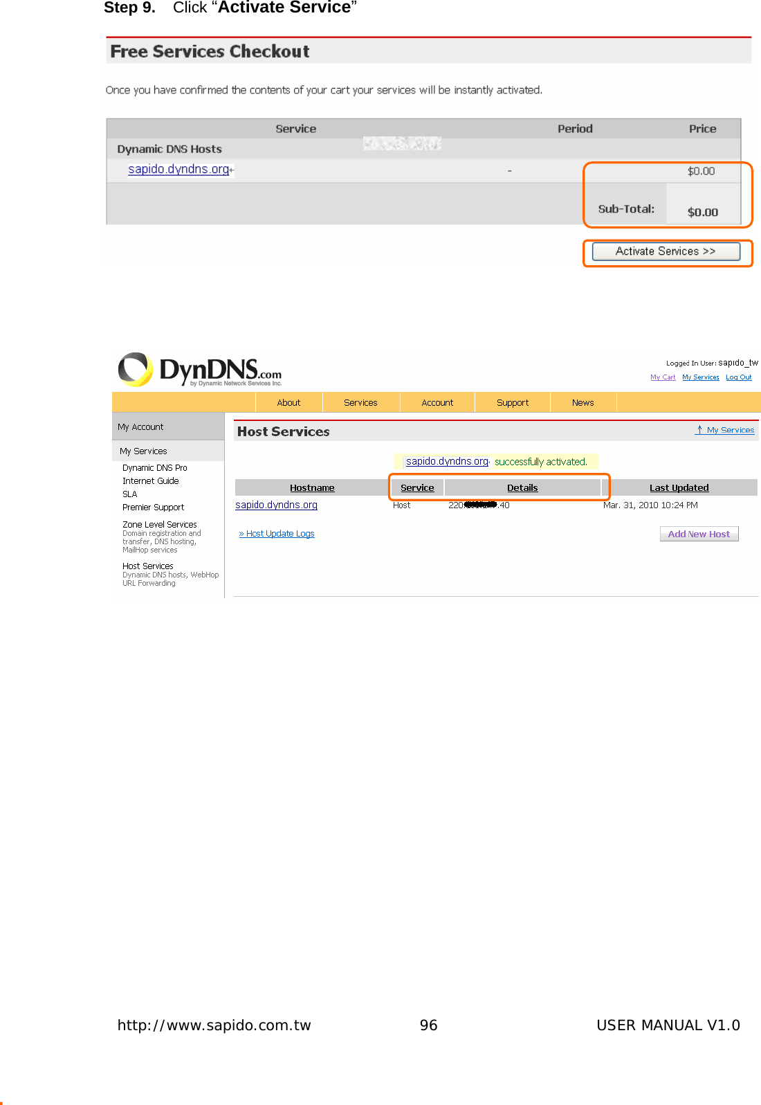  http://www.sapido.com.tw               96                      USER MANUAL V1.0Step 9.  Click “Activate Service”             