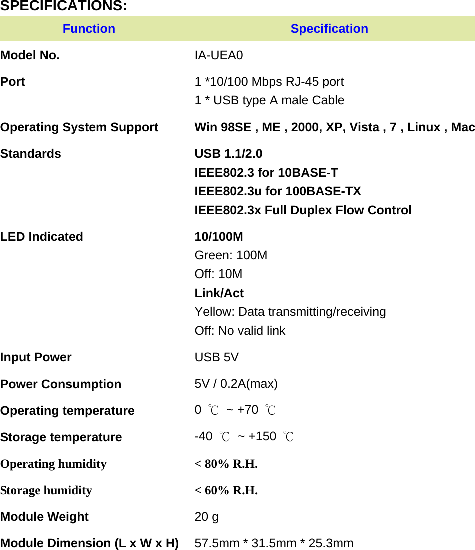 SPECIFICATIONS: Function                            Specification     Model No.  IA-UEA0 Port  1 *10/100 Mbps RJ-45 port 1 * USB type A male Cable Operating System Support  Win 98SE , ME , 2000, XP, Vista , 7 , Linux , Mac Standards  USB 1.1/2.0 IEEE802.3 for 10BASE-T IEEE802.3u for 100BASE-TX IEEE802.3x Full Duplex Flow Control LED Indicated 10/100M Green: 100M Off: 10M Link/Act Yellow: Data transmitting/receiving Off: No valid link Input Power  USB 5V Power Consumption  5V / 0.2A(max) Operating temperature  0  ℃ ~ +70 ℃ Storage temperature  -40  ℃ ~ +150 ℃ Operating humidity &lt; 80% R.H. Storage humidity &lt; 60% R.H. Module Weight  20 g Module Dimension (L x W x H)  57.5mm * 31.5mm * 25.3mm  