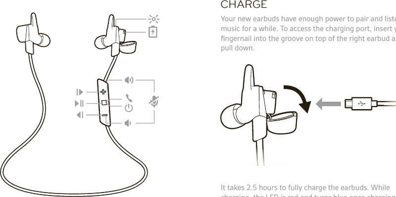 CHARGE Your new earbuds have enough power to pair and listen to music for a while. To access the charging port, insert your ﬁ ngernail into the groove on top of the right earbud and pull down.   It takes 2.5 hours to fully charge the earbuds. Whilecharging, the LED is red and turns blue once chargingis complete.