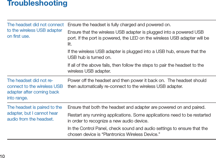 10The headset did not connect to the wireless USB adapter on ﬁrst use.Ensure the headset is fully charged and powered on.Ensure that the wireless USB adapter is plugged into a powered USB port. If the port is powered, the LED on the wireless USB adapter will be lit.If the wireless USB adapter is plugged into a USB hub, ensure that the USB hub is turned on.If all of the above fails, then follow the steps to pair the headset to the wireless USB adapter.The headset did not re-connect to the wireless USB adapter after coming back into range.Power off the headset and then power it back on.  The headset should then automatically re-connect to the wireless USB adapter.The headset is paired to the adapter, but I cannot hear audio from the headset.Ensure that both the headset and adapter are powered on and paired.Restart any running applications. Some applications need to be restarted in order to recognize a new audio device.In the Control Panel, check sound and audio settings to ensure that the chosen device is “Plantronics Wireless Device.”Troubleshooting