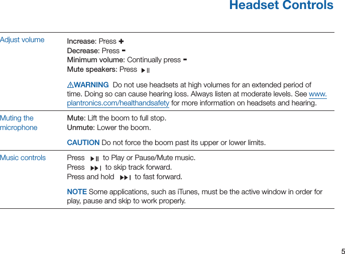 5ENHeadset ControlsAdjust volume Increase: Press +Decrease: Press -Minimum volume: Continually press -Mute speakers: Press WARNING  Do not use headsets at high volumes for an extended period of time. Doing so can cause hearing loss. Always listen at moderate levels. See www.plantronics.com/healthandsafety for more information on headsets and hearing.Muting the microphoneMute: Lift the boom to full stop.Unmute: Lower the boom.CAUTION Do not force the boom past its upper or lower limits.Music controls Press  to Play or Pause/Mute music. Press   to skip track forward.Press and hold   to fast forward. NOTE Some applications, such as iTunes, must be the active window in order for play, pause and skip to work properly.