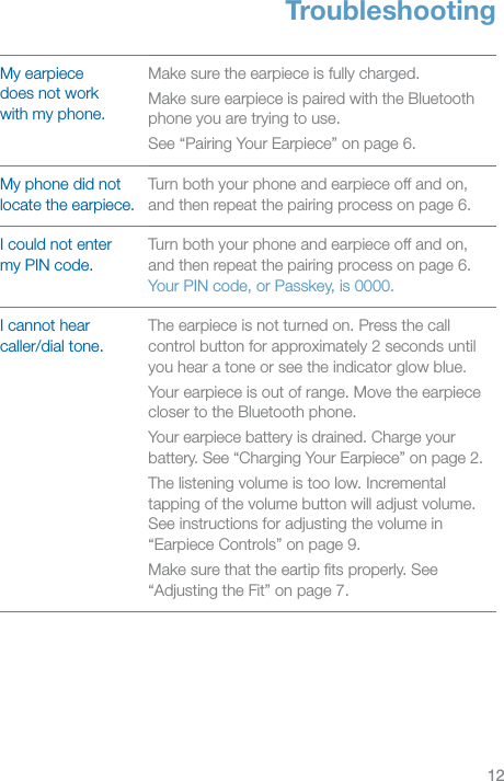 12ENTroubleshootingMy earpiece  does not work  with my phone.Make sure the earpiece is fully charged.Make sure earpiece is paired with the Bluetooth phone you are trying to use.See “Pairing Your Earpiece” on page 6.My phone did not locate the earpiece.Turn both your phone and earpiece off and on, and then repeat the pairing process on page 6.I could not enter  my PIN code.Turn both your phone and earpiece off and on, and then repeat the pairing process on page 6. Your PIN code, or Passkey, is 0000.I cannot hear  caller/dial tone.The earpiece is not turned on. Press the call control button for approximately 2 seconds until you hear a tone or see the indicator glow blue.Your earpiece is out of range. Move the earpiece closer to the Bluetooth phone.Your earpiece battery is drained. Charge your battery. See “Charging Your Earpiece” on page 2.The listening volume is too low. Incremental tapping of the volume button will adjust volume. See instructions for adjusting the volume in “Earpiece Controls” on page 9.Make sure that the eartip ﬁts properly. See “Adjusting the Fit” on page 7.