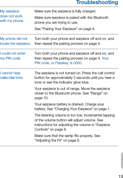 13ENTroubleshootingMy earpiece  does not work  with my phone.Make sure the earpiece is fully charged.Make sure earpiece is paired with the Bluetooth phone you are trying to use.See “Pairing Your Earpiece” on page 4.My phone did not locate the earpiece.Turn both your phone and earpiece off and on, and then repeat the pairing process on page 4.I could not enter  my PIN code.Turn both your phone and earpiece off and on, and then repeat the pairing process on page 4. Your PIN code, or Passkey, is 0000.I cannot hear  caller/dial tone.The earpiece is not turned on. Press the call control button for approximately 2 seconds until you hear a tone or see the indicator glow blue.Your earpiece is out of range. Move the earpiece closer to the Bluetooth phone. See “Range” on page 10.Your earpiece battery is drained. Charge your battery. See “Charging Your Earpiece” on page 1.The listening volume is too low. Incremental tapping of the volume button will adjust volume. See instructions for adjusting the volume in “Earpiece Controls” on page 8.Make sure that the eartip ﬁts properly. See “Adjusting the Fit” on page 6.
