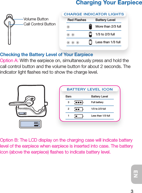 3ENChecking the Battery Level of Your EarpieceOption A: With the earpiece on, simultaneously press and hold the call control button and the volume button for about 2 seconds. The indicator light flashes red to show the charge level.Option B: The LCD display on the charging case will indicate battery level of the earpiece when earpiece is inserted into case. The battery icon (above the earpiece) flashes to indicate battery level.Charging Your EarpieceVolume ButtonCall Control ButtonCHARGE INDICATOR LIGHTSRed Flashes Battery LevelSMore than 2/3 fullS S 1/3 to 2/3 fullS S S Less than 1/3 fullBATTERY LEVEL ICONBars Battery Level3 Full battery2 1/3 to 2/3 full1 Less than 1/3 full