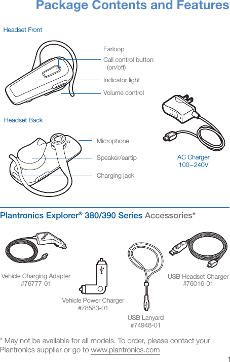 1Package Contents and FeaturesPlantronics Explorer® 380/390 Series Accessories*Headset FrontAC Charger100 – 240V* May not be available for all models. To order, please contact your Plantronics supplier or go to www.plantronics.comHeadset BackVehicle Charging Adapter#76777-01USB Headset Charger #76016-01Vehicle Power Charger #78583-01EarloopCall control button   (on/off)Indicator lightVolume controlMicrophoneSpeaker/eartip Charging jack USB Lanyard#74948-01