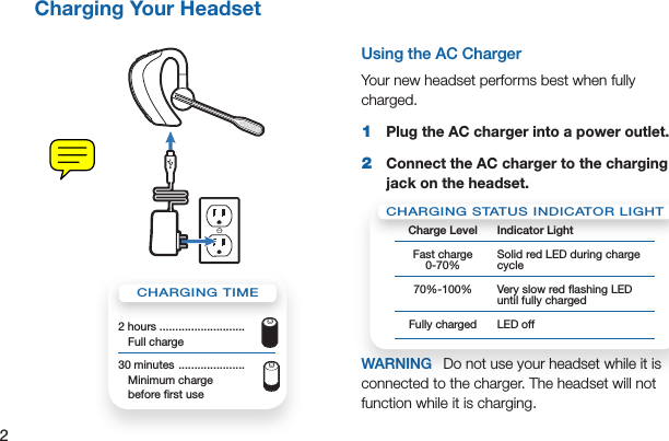 2Charging Your Headset Charging Your HeadsetUsing the AC ChargerYour new headset performs best when fully charged.1  Plug the AC charger into a power outlet.2  Connect the AC charger to the charging jack on the headset. WARNING  Do not use your headset while it is connected to the charger. The headset will not function while it is charging.CHARGING TIME2 hours ...........................  Full charge 30 minutes  .....................   Minimum charge  before ﬁrst useFast charge 0-70%= solid red LED during charge cycle70%-100% = very slow red ﬂashing LED until fully chargedFully charged = LED offCHARGING STATUS INDICATOR LIGHTCharge Level Indicator LightFast charge 0-70%Solid red LED during charge cycle70%-100% Very slow red ﬂashing LED until fully chargedFully charged LED off