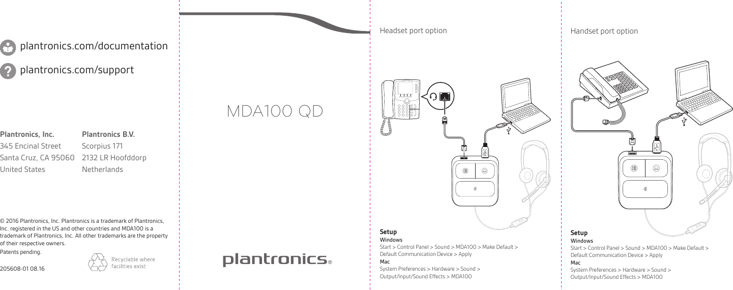 Plantronics Mda100 qd qsg ug