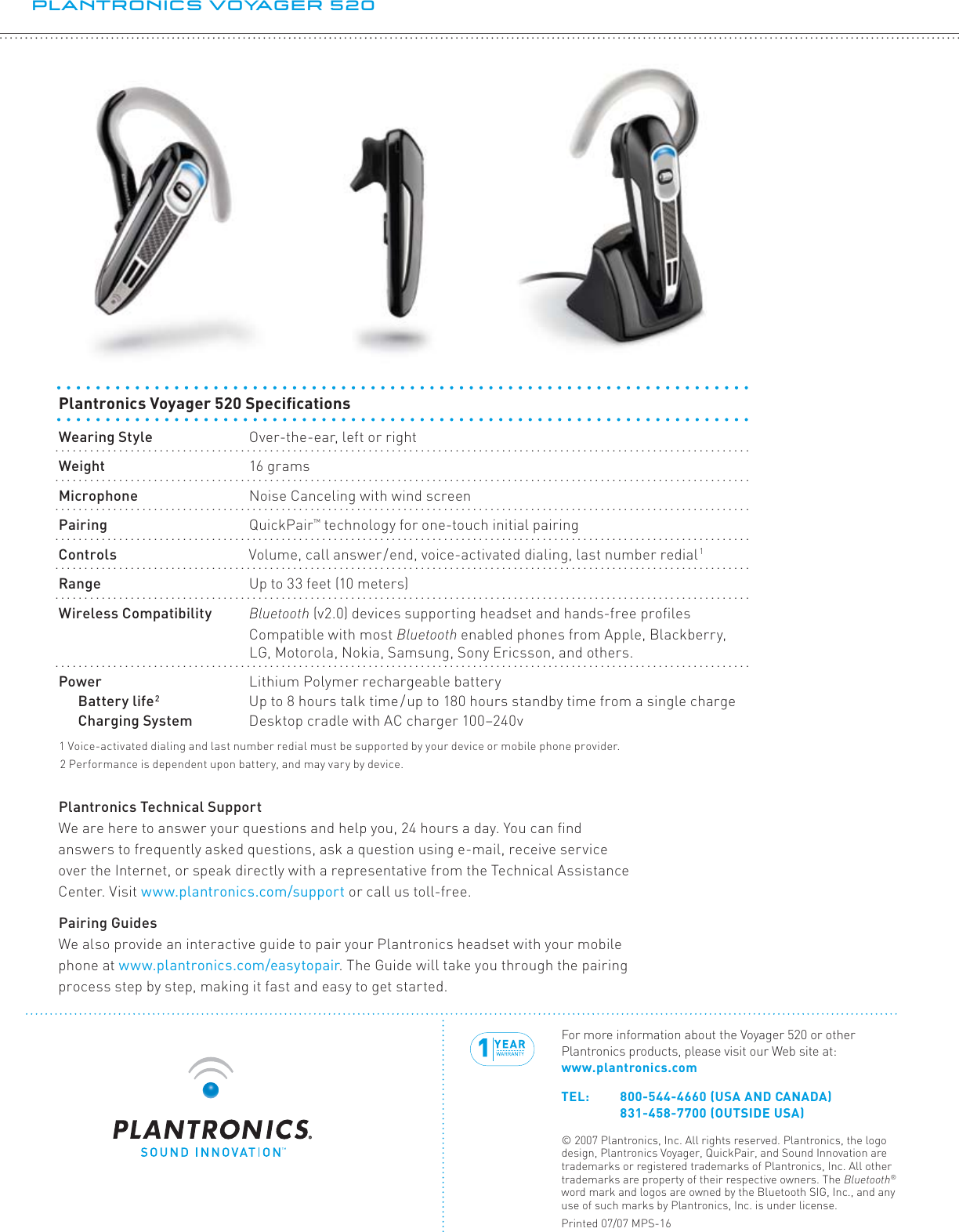 Page 2 of 2 - Plantronics Voyager 520 Data Sheet Voyager520-ps