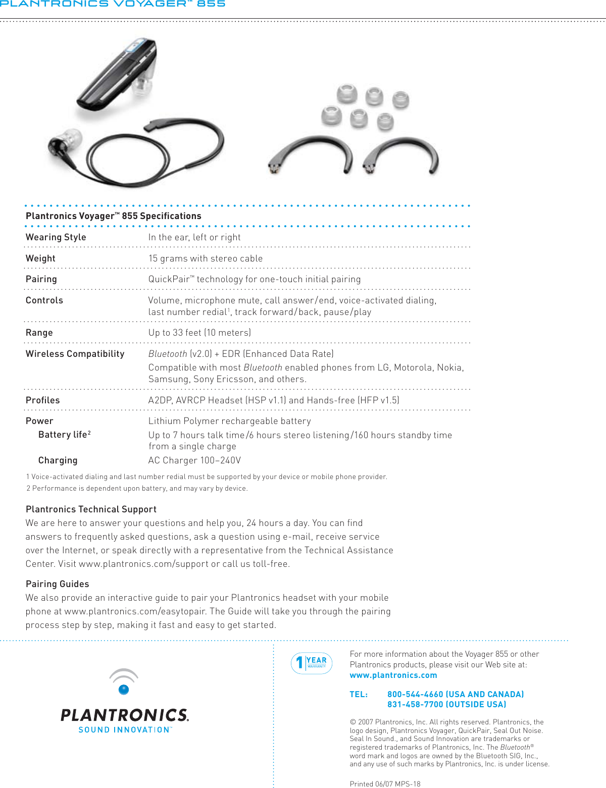 Page 2 of 2 - Plantronics Voyager 855 Data Sheet Voyager-855-ps