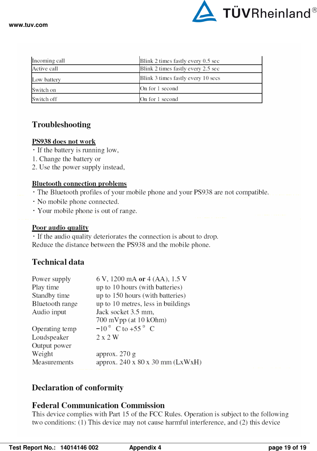 www.tuv.com   Test Report No.:  14014146 002  Appendix 4  page 19 of 19    