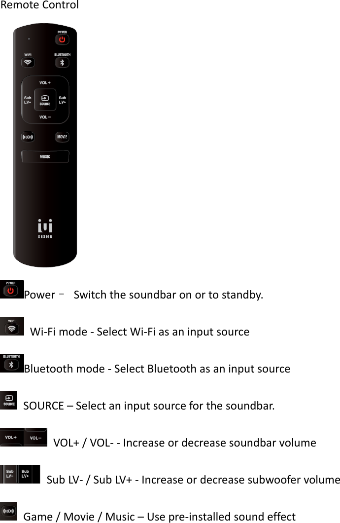 RemoteControlPower–Switchthesoundbaronortostandby.Wi‐Fimode‐SelectWi‐FiasaninputsourceBluetoothmode‐SelectBluetoothasaninputsourceSOURCE–Selectaninputsourceforthesoundbar.VOL+/VOL‐‐IncreaseordecreasesoundbarvolumeSubLV‐/SubLV+‐IncreaseordecreasesubwoofervolumeGame/Movie/Music–Usepre‐installedsoundeffect