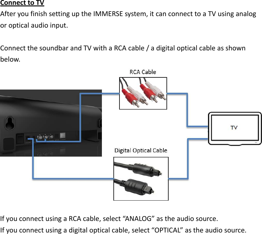 ConnecttoTVAfteryoufinishsettinguptheIMMERSEsystem,itcanconnecttoaTVusinganalogoropticalaudioinput.ConnectthesoundbarandTVwithaRCAcable/adigitalopticalcableasshownbelow.IfyouconnectusingaRCAcable,select“ANALOG”astheaudiosource.Ifyouconnectusingadigitalopticalcable,select“OPTICAL”astheaudiosource.