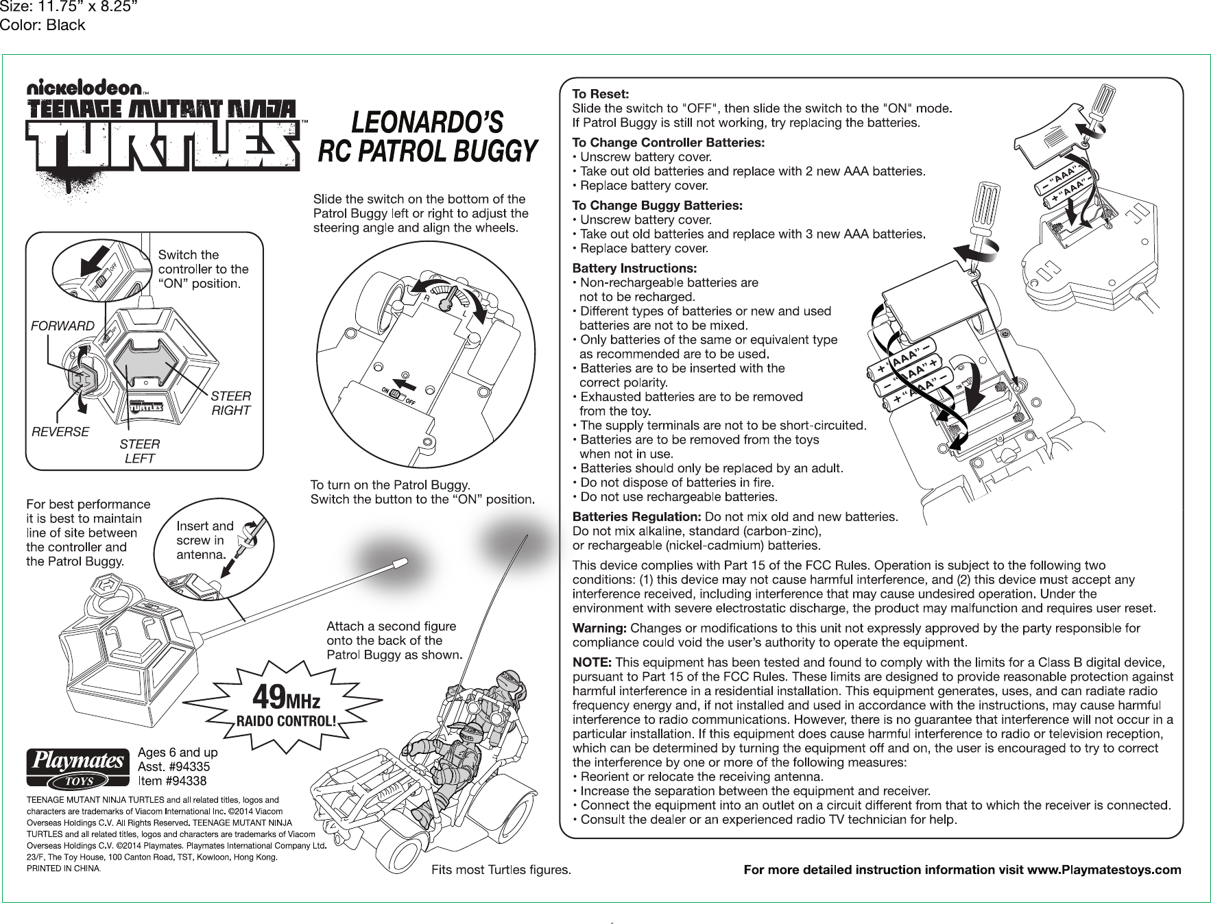 Playmates Toys 94335T Radio Control Patrol Buggy User Manual 94338 RC ...