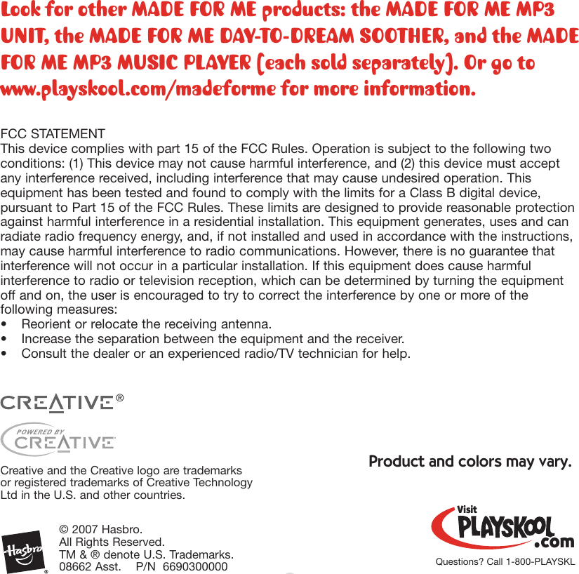 Page 12 of 12 - Playskool Playskool-2-In-1-Infant-Gym-08662-Users-Manual-  Playskool-2-in-1-infant-gym-08662-users-manual