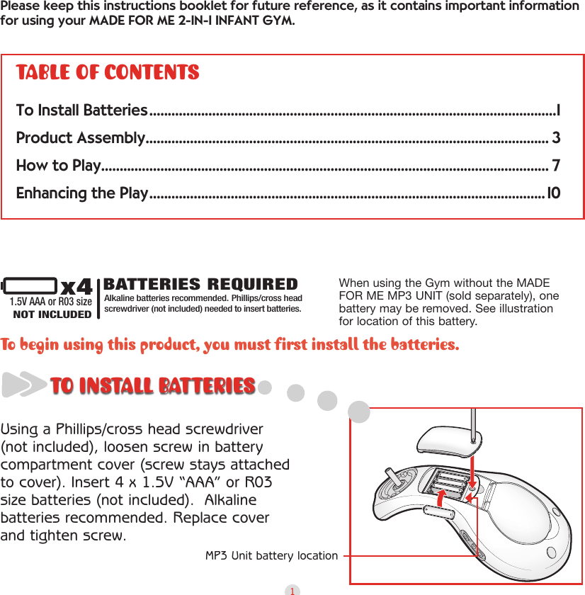 Page 2 of 12 - Playskool Playskool-2-In-1-Infant-Gym-08662-Users-Manual-  Playskool-2-in-1-infant-gym-08662-users-manual