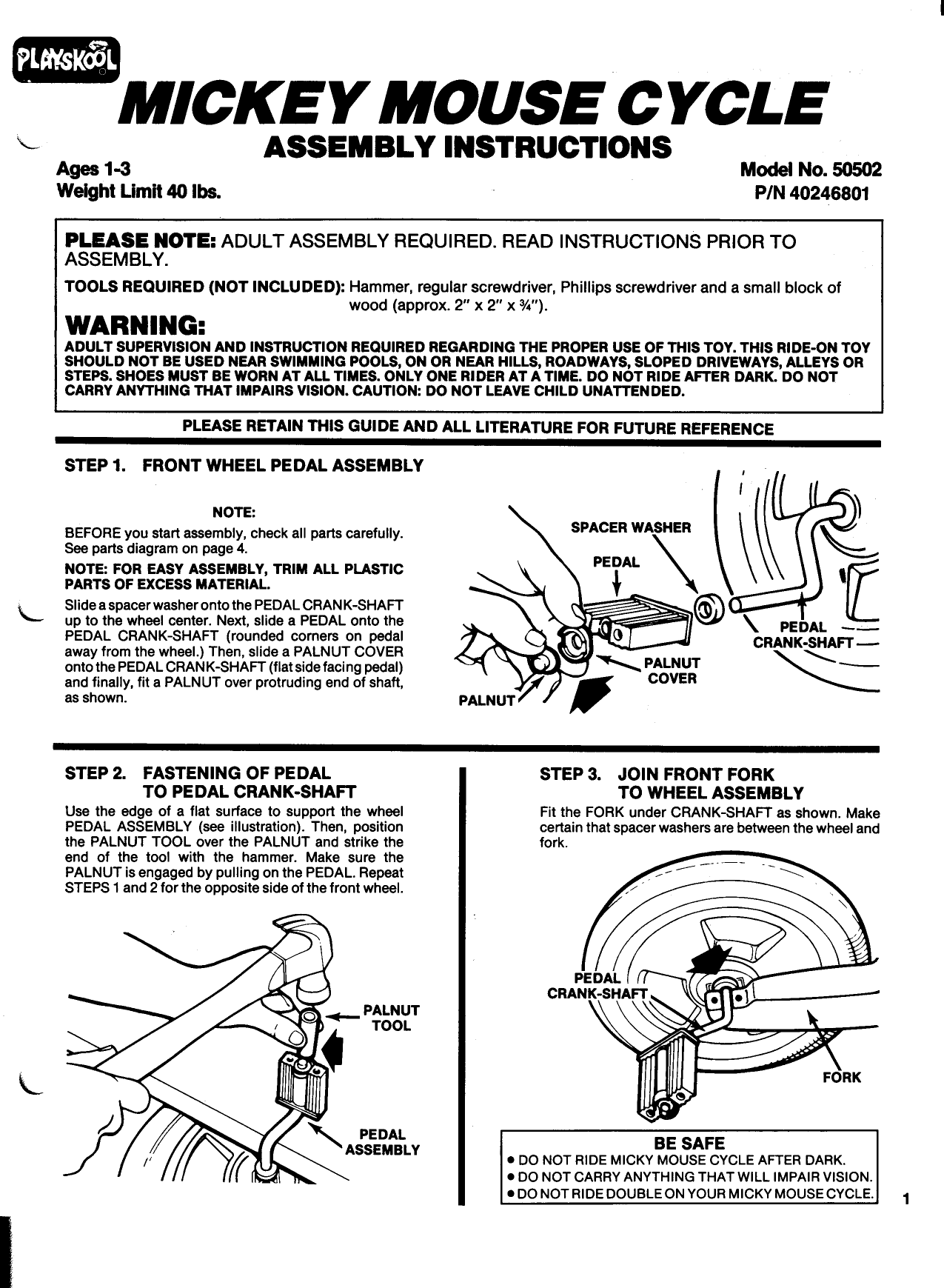 Page 1 of 4 - Playskool Playskool-Mickey-Mouse-Cycle-50502-Users-Manual-  Playskool-mickey-mouse-cycle-50502-users-manual