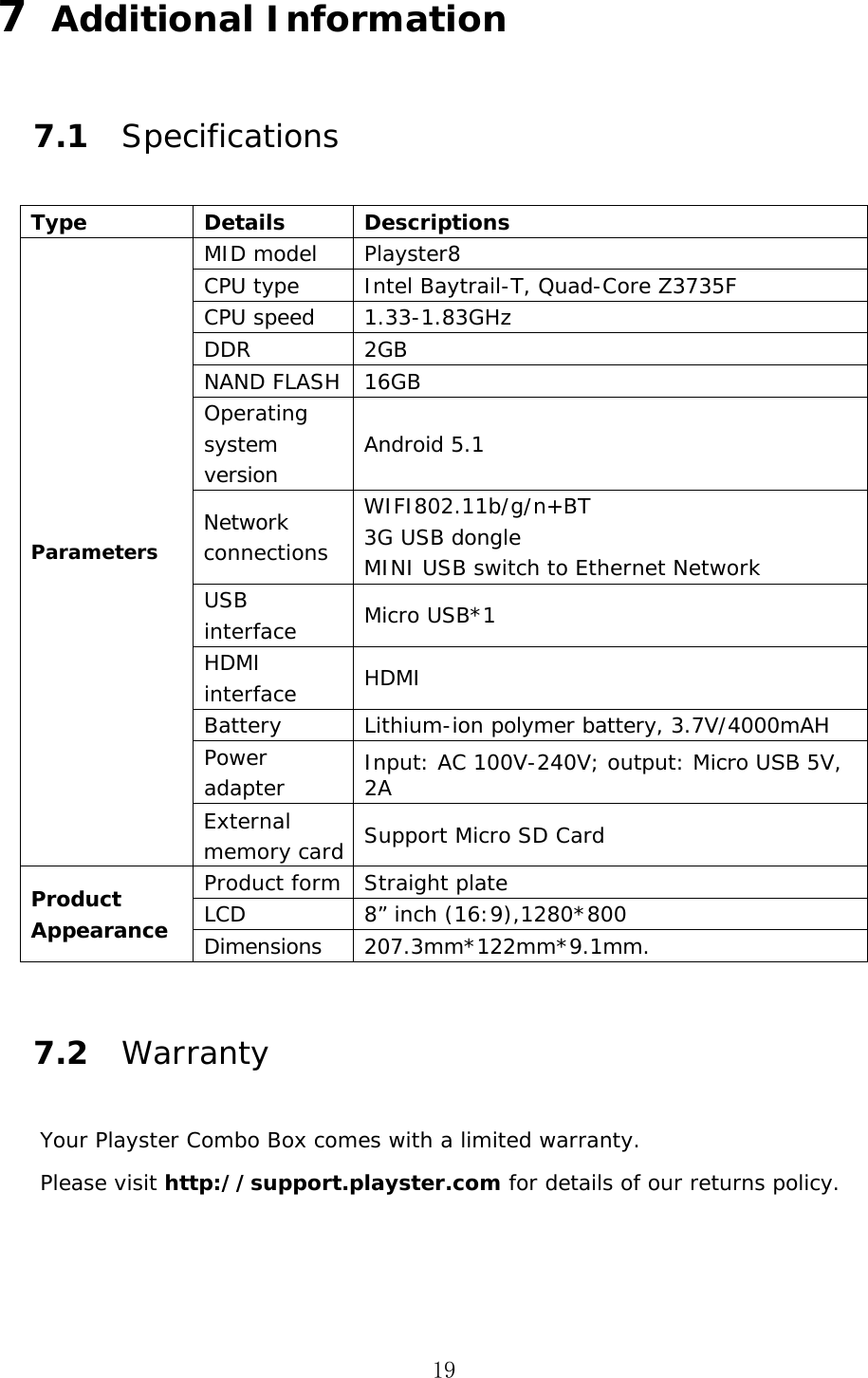 19 7  Additional Information 7.1 Specifications Type  Details  Descriptions Parameters MID model  Playster8 CPU type  Intel Baytrail-T, Quad-Core Z3735F CPU speed  1.33-1.83GHz DDR  2GB NAND FLASH  16GB Operating system version  Android 5.1 Network connections WIFI802.11b/g/n+BT 3G USB dongle MINI USB switch to Ethernet Network USB interface  Micro USB*1 HDMI interface  HDMI Battery  Lithium-ion polymer battery, 3.7V/4000mAH Power adapter  Input: AC 100V-240V; output: Micro USB 5V, 2A External memory card  Support Micro SD Card Product Appearance Product form  Straight plate LCD  8&rdquo; inch (16:9),1280*800 Dimensions  207.3mm*122mm*9.1mm. 7.2 Warranty Your Playster Combo Box comes with a limited warranty. Please visit http://support.playster.com for details of our returns policy. 