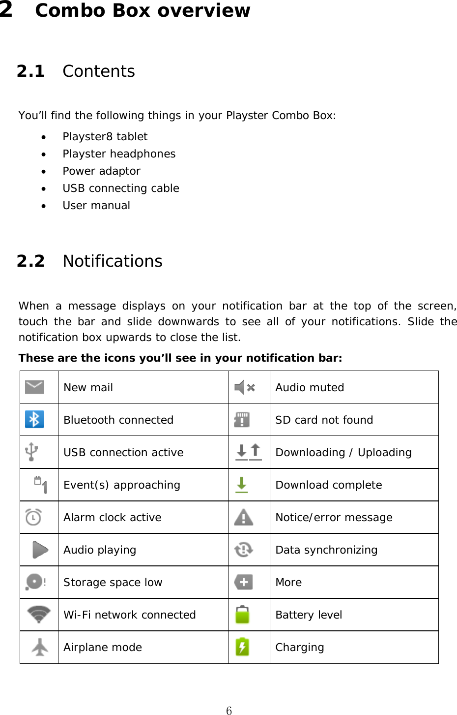 6 2   Combo Box overview 2.1 Contents You&rsquo;ll find the following things in your Playster Combo Box: &bull;Playster8 tablet&bull;Playster headphones&bull;Power adaptor&bull;USB connecting cable&bull;User manual2.2 Notifications When a message displays on your notification bar at the top of the screen, touch the bar and slide downwards to see all of your  notifications. Slide  the notification box upwards to close the list. These are the icons you&rsquo;ll see in your notification bar: New mail  Audio muted Bluetooth connected  SD card not found USB connection active  Downloading / Uploading Event(s) approaching  Download complete Alarm clock active  Notice/error message Audio playing  Data synchronizing Storage space low  More Wi-Fi network connected  Battery level Airplane mode  Charging 