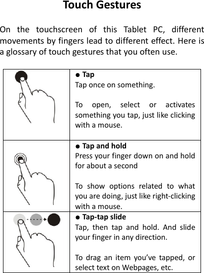 Touch Gestures  On  the  touchscreen  of  this  Tablet  PC,  different movements by fingers lead to different effect. Here is a glossary of touch gestures that you often use.   ● Tap   Tap once on something.  To  open,  select  or  activates something you tap, just like clicking with a mouse.    ● Tap and hold   Press your finger down on and hold for about a second  To  show  options  related  to  what you are doing, just like right-clicking with a mouse.  ● Tap-tap slide   Tap,  then  tap  and  hold.  And  slide your finger in any direction.  To  drag  an  item  you&rsquo;ve  tapped,  or select text on Webpages, etc.  
