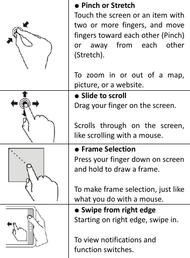     ● Pinch or Stretch   Touch the screen or an item with two  or  more  fingers,  and  move fingers toward each other (Pinch) or  away  from  each  other (Stretch).  To  zoom  in  or  out  of  a  map, picture, or a website.  ● Slide to scroll   Drag your finger on the screen.  Scrolls  through  on  the  screen, like scrolling with a mouse.  ● Frame Selection   Press your finger down on screen and hold to draw a frame.  To make frame selection, just like what you do with a mouse.  ● Swipe from right edge   Starting on right edge, swipe in.  To view notifications and function switches.  