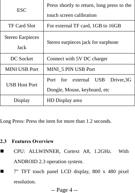  -- Page 4 -- ESC  Press shortly to return, long press to the touch screen calibration   TF Card Slot  For external TF card, 1GB to 16GB Stereo Earpieces Jack  Stereo earpieces jack for earphone DC Socket  Connect with 5V DC charger MINI USB Port MINI_5 PIN USB Port USB Host Port  Port for external USB Driver,3G Dongle, Mouse, keyboard, etc Display  HD Display area  Long Press: Press the item for more than 1.2 seconds.  2.3 Features Overview  CPU: ALLWINNER, Cortext A8, 1.2GHz.  With ANDROID 2.3 operation system.  7" TFT touch panel LCD display, 800 x 480 pixel resolution. 