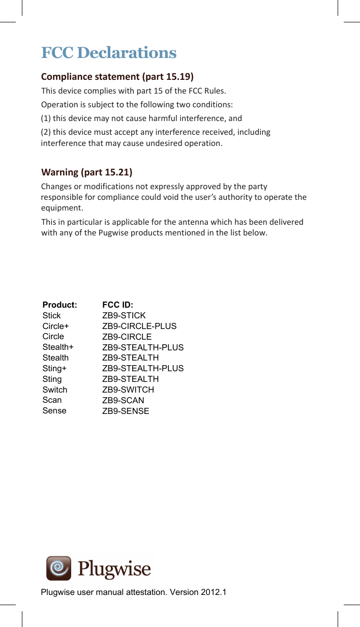 FCC DeclarationsCompliance statement (part 15.19) This device complies with part 15 of the FCC Rules.Operation is subject to the following two conditions:(1) this device may not cause harmful interference, and(2) this device must accept any interference received, including interference that may cause undesired operation.Warning (part 15.21)Changes or modifications not expressly approved by the party responsible for compliance could void the user’s authority to operate the equipment.This in particular is applicable for the antenna which has been delivered with any of the Pugwise products mentioned in the list below. FCC ID:ZB9-STICKZB9-CIRCLE-PLUSZB9-CIRCLEZB9-STEALTH-PLUSZB9-STEALTHZB9-STEALTH-PLUSZB9-STEALTHZB9-SWITCHZB9-SCANZB9-SENSEPlugwise user manual attestation. Version 2012.1Product:StickCircle+CircleStealth+StealthSting+StingSwitchScanSense