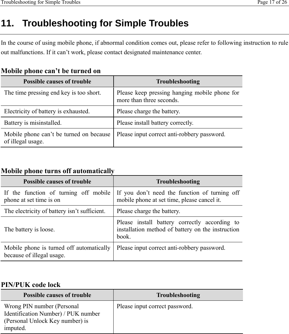 Troubleshooting for Simple Troubles Page 17 of 26  11.  Troubleshooting for Simple Troubles In the course of using mobile phone, if abnormal condition comes out, please refer to following instruction to rule out malfunctions. If it can’t work, please contact designated maintenance center.  Mobile phone can’t be turned on Possible causes of trouble  Troubleshooting The time pressing end key is too short.  Please keep  pressing  hanging mobile phone for more than three seconds.  Electricity of battery is exhausted.   Please charge the battery. Battery is misinstalled.   Please install battery correctly.  Mobile phone can’t be turned on because of illegal usage. Please input correct anti-robbery password.  Mobile phone turns off automatically  Possible causes of trouble  Troubleshooting If the function of turning off mobile phone at set time is on If you don’t need the function of turning off mobile phone at set time, please cancel it.  The electricity of battery isn’t sufficient.   Please charge the battery. The battery is loose.  Please install battery correctly according to installation method of battery on the instruction book. Mobile phone is turned off automatically because of illegal usage.  Please input correct anti-robbery password.  PIN/PUK code lock Possible causes of trouble  Troubleshooting Wrong PIN number (Personal Identification Number) / PUK number (Personal Unlock Key number) is imputed.  Please input correct password.  