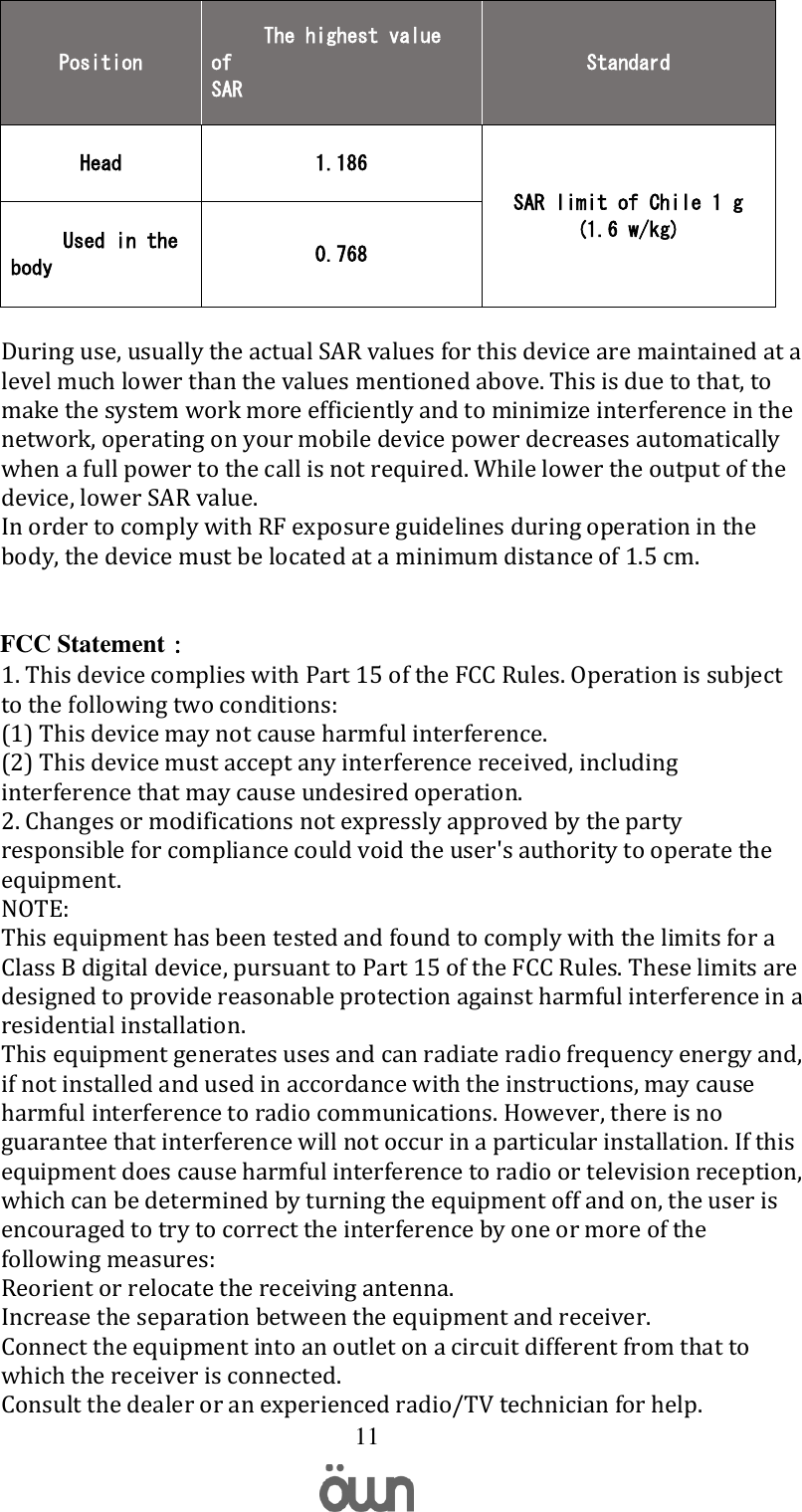   11 Position      The highest value of  SAR Standard Head 1.186 SAR limit of Chile 1 g (1.6 w/kg)      Used in the  body 0.768  During use, usually the actual SAR values for this device are maintained at a level much lower than the values mentioned above. This is due to that, to make the system work more efficiently and to minimize interference in the network, operating on your mobile device power decreases automatically when a full power to the call is not required. While lower the output of the device, lower SAR value. In order to comply with RF exposure guidelines during operation in the body, the device must be located at a minimum distance of 1.5 cm.    FCC Statement： 1. This device complies with Part 15 of the FCC Rules. Operation is subject to the following two conditions: (1) This device may not cause harmful interference. (2) This device must accept any interference received, including interference that may cause undesired operation. 2. Changes or modifications not expressly approved by the party responsible for compliance could void the user&apos;s authority to operate the equipment. NOTE:  This equipment has been tested and found to comply with the limits for a Class B digital device, pursuant to Part 15 of the FCC Rules. These limits are designed to provide reasonable protection against harmful interference in a residential installation. This equipment generates uses and can radiate radio frequency energy and, if not installed and used in accordance with the instructions, may cause harmful interference to radio communications. However, there is no guarantee that interference will not occur in a particular installation. If this equipment does cause harmful interference to radio or television reception, which can be determined by turning the equipment off and on, the user is encouraged to try to correct the interference by one or more of the following measures: Reorient or relocate the receiving antenna. Increase the separation between the equipment and receiver. Connect the equipment into an outlet on a circuit different from that to which the receiver is connected.  Consult the dealer or an experienced radio/TV technician for help. 