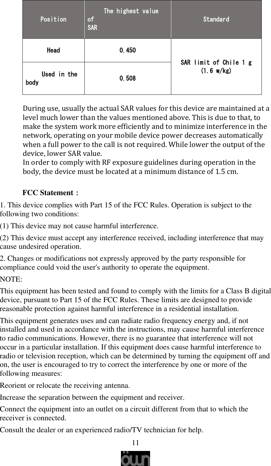   11 Position      The highest value of  SAR Standard Head 0.450 SAR limit of Chile 1 g (1.6 w/kg)      Used in the  body 0.508  During use, usually the actual SAR values for this device are maintained at a level much lower than the values mentioned above. This is due to that, to make the system work more efficiently and to minimize interference in the network, operating on your mobile device power decreases automatically when a full power to the call is not required. While lower the output of the device, lower SAR value. In order to comply with RF exposure guidelines during operation in the body, the device must be located at a minimum distance of 1.5 cm.   FCC Statement： 1. This device complies with Part 15 of the FCC Rules. Operation is subject to the following two conditions: (1) This device may not cause harmful interference. (2) This device must accept any interference received, including interference that may cause undesired operation. 2. Changes or modifications not expressly approved by the party responsible for compliance could void the user&apos;s authority to operate the equipment. NOTE:  This equipment has been tested and found to comply with the limits for a Class B digital device, pursuant to Part 15 of the FCC Rules. These limits are designed to provide reasonable protection against harmful interference in a residential installation. This equipment generates uses and can radiate radio frequency energy and, if not installed and used in accordance with the instructions, may cause harmful interference to radio communications. However, there is no guarantee that interference will not occur in a particular installation. If this equipment does cause harmful interference to radio or television reception, which can be determined by turning the equipment off and on, the user is encouraged to try to correct the interference by one or more of the following measures: Reorient or relocate the receiving antenna. Increase the separation between the equipment and receiver. Connect the equipment into an outlet on a circuit different from that to which the receiver is connected.  Consult the dealer or an experienced radio/TV technician for help. 