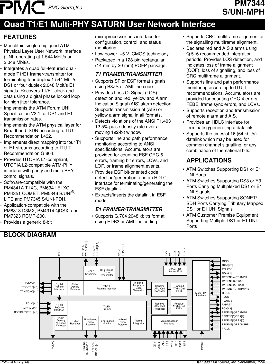 Page 1 of 2 - Pmc-Sierra Pmc-Sierra-Pm7344-Users-Manual- Quad T1/E1 Multi-PHY SATURN User Network Interface Short Form Data Sheet. ABSTRACT  Pmc-sierra-pm7344-users-manual