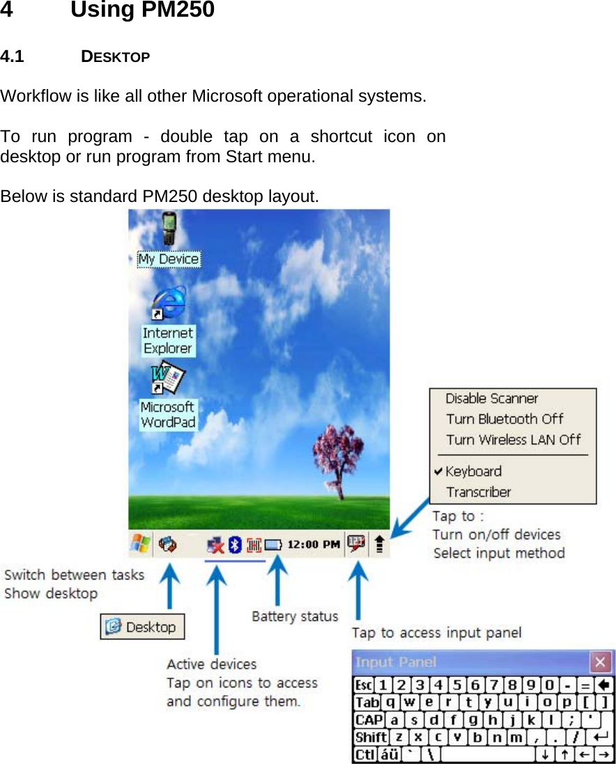 User manual  PM250 © All rights reserved. Pointmobile     12 4 Using PM250  4.1 DESKTOP  Workflow is like all other Microsoft operational systems.   To run program - double tap on a shortcut icon on desktop or run program from Start menu.  Below is standard PM250 desktop layout.    