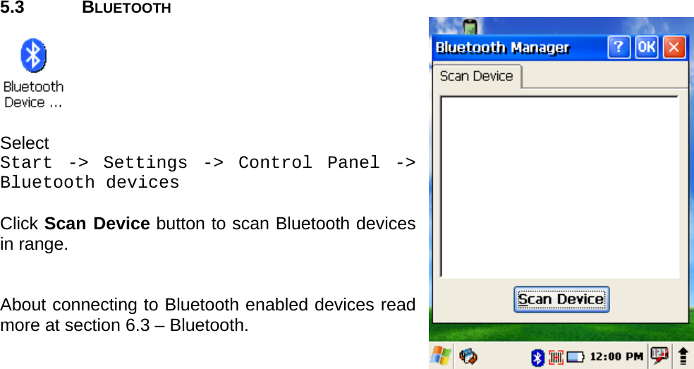 User manual  PM250 © All rights reserved. Pointmobile     25  5.3 BLUETOOTH    Select  Start -&gt; Settings -&gt; Control Panel -&gt; Bluetooth devices  Click Scan Device button to scan Bluetooth devices in range.   About connecting to Bluetooth enabled devices read more at section 6.3 – Bluetooth.     