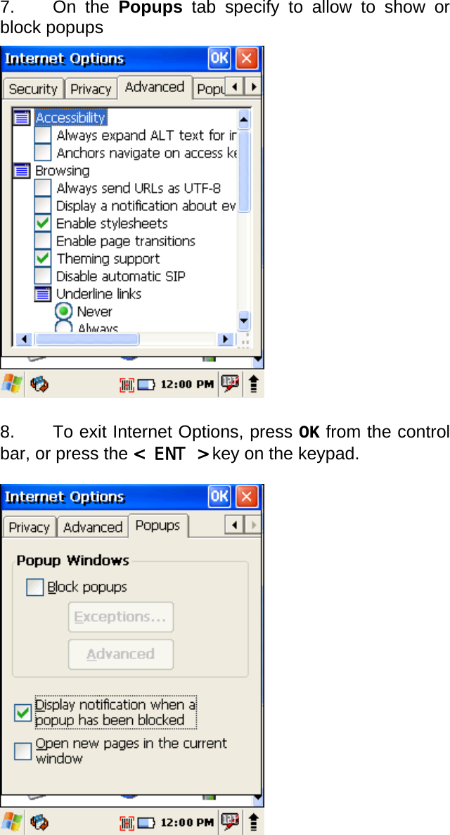 User manual  PM250 © All rights reserved. Pointmobile     33  7. On the Popups tab specify to allow to show or block popups                     8.  To exit Internet Options, press OK from the control bar, or press the &lt; ENT &gt; key on the keypad.  