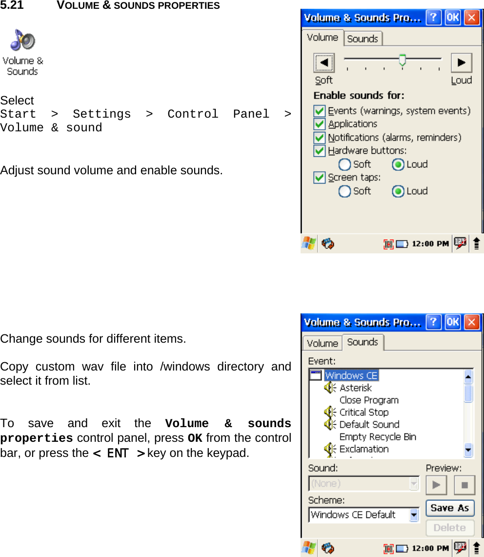 User manual  PM250 © All rights reserved. Pointmobile     50  5.21 VOLUME &amp; SOUNDS PROPERTIES    Select  Start &gt; Settings &gt; Control Panel &gt; Volume &amp; sound   Adjust sound volume and enable sounds.            Change sounds for different items.   Copy custom wav file into /windows directory and select it from list.   To save and exit the Volume &amp; sounds properties control panel, press OK from the control bar, or press the &lt; ENT &gt; key on the keypad. 