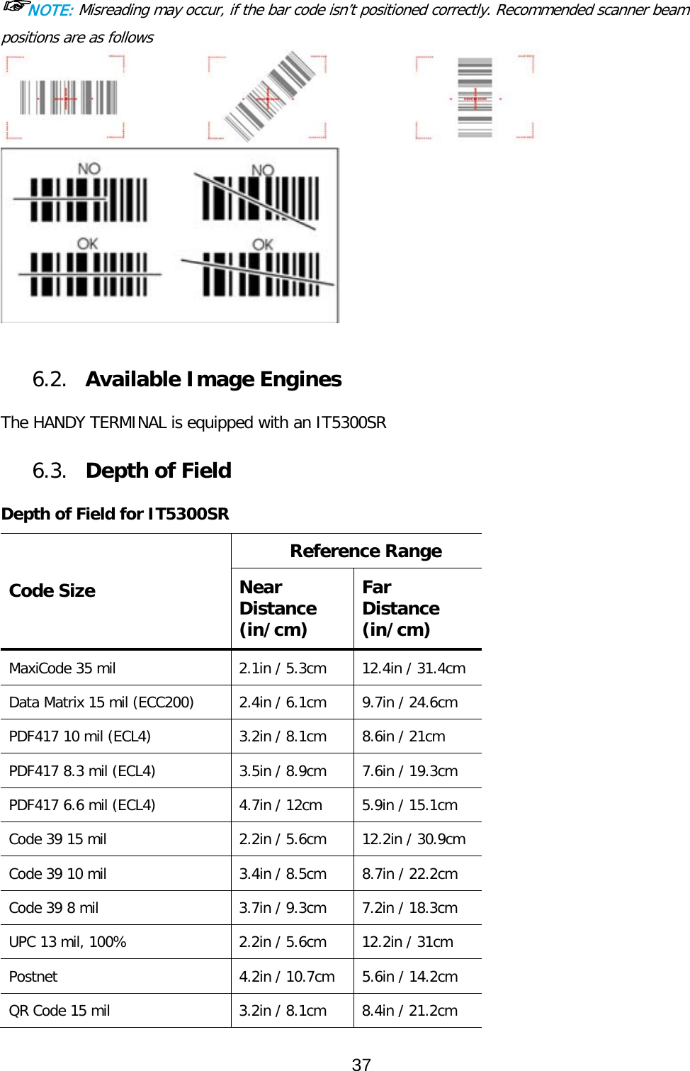 ☞NOTE: Misreading may occur, if the bar code isn’t positioned correctly. Recommended scanner beam positions are as follows     6.2. Available Image Engines  The HANDY TERMINAL is equipped with an IT5300SR  6.3. Depth of Field  Depth of Field for IT5300SR Code Size Reference Range   Near Distance (in/cm) Far Distance (in/cm) MaxiCode 35 mil 2.1in / 5.3cm 12.4in / 31.4cm Data Matrix 15 mil (ECC200) 2.4in / 6.1cm 9.7in / 24.6cm PDF417 10 mil (ECL4) 3.2in / 8.1cm 8.6in / 21cm PDF417 8.3 mil (ECL4) 3.5in / 8.9cm 7.6in / 19.3cm PDF417 6.6 mil (ECL4) 4.7in / 12cm 5.9in / 15.1cm Code 39 15 mil 2.2in / 5.6cm 12.2in / 30.9cm Code 39 10 mil 3.4in / 8.5cm 8.7in / 22.2cm Code 39 8 mil 3.7in / 9.3cm 7.2in / 18.3cm UPC 13 mil, 100% 2.2in / 5.6cm 12.2in / 31cm Postnet 4.2in / 10.7cm 5.6in / 14.2cm QR Code 15 mil 3.2in / 8.1cm 8.4in / 21.2cm 37  