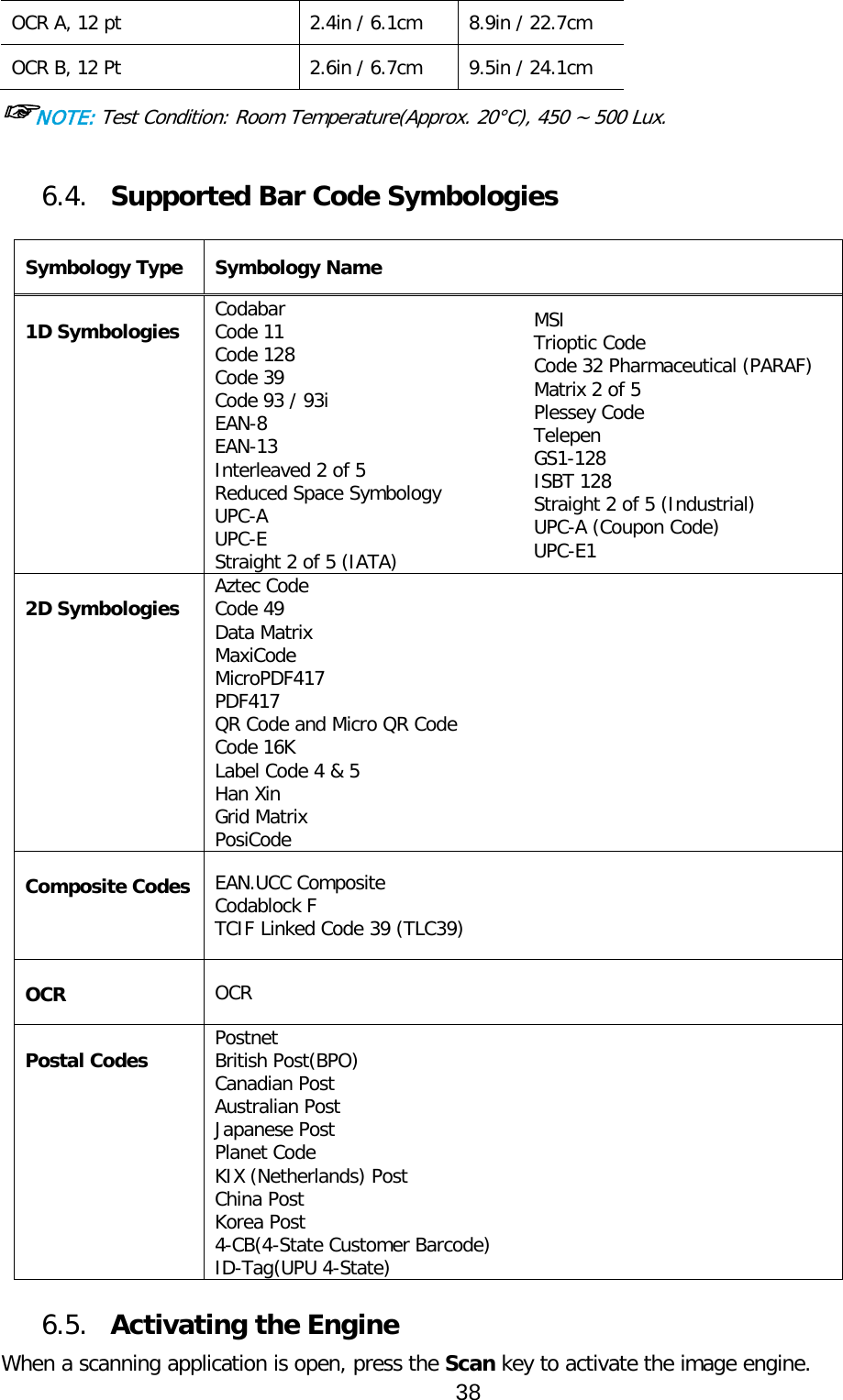 OCR A, 12 pt 2.4in / 6.1cm 8.9in / 22.7cm OCR B, 12 Pt 2.6in / 6.7cm 9.5in / 24.1cm ☞NOTE: Test Condition: Room Temperature(Approx. 20°C), 450 ~ 500 Lux.   6.4. Supported Bar Code Symbologies  Symbology Type Symbology Name  1D Symbologies Codabar Code 11 Code 128 Code 39 Code 93 / 93i EAN-8 EAN-13 Interleaved 2 of 5 Reduced Space Symbology UPC-A UPC-E Straight 2 of 5 (IATA) MSI Trioptic Code Code 32 Pharmaceutical (PARAF) Matrix 2 of 5 Plessey Code Telepen GS1-128 ISBT 128 Straight 2 of 5 (Industrial) UPC-A (Coupon Code) UPC-E1   2D Symbologies Aztec Code Code 49 Data Matrix MaxiCode MicroPDF417 PDF417 QR Code and Micro QR Code Code 16K Label Code 4 &amp; 5 Han Xin Grid Matrix PosiCode  Composite Codes EAN.UCC Composite Codablock F TCIF Linked Code 39 (TLC39)  OCR OCR  Postal Codes Postnet British Post(BPO) Canadian Post Australian Post Japanese Post Planet Code KIX (Netherlands) Post China Post Korea Post 4-CB(4-State Customer Barcode) ID-Tag(UPU 4-State)  6.5. Activating the Engine  When a scanning application is open, press the Scan key to activate the image engine. 38  