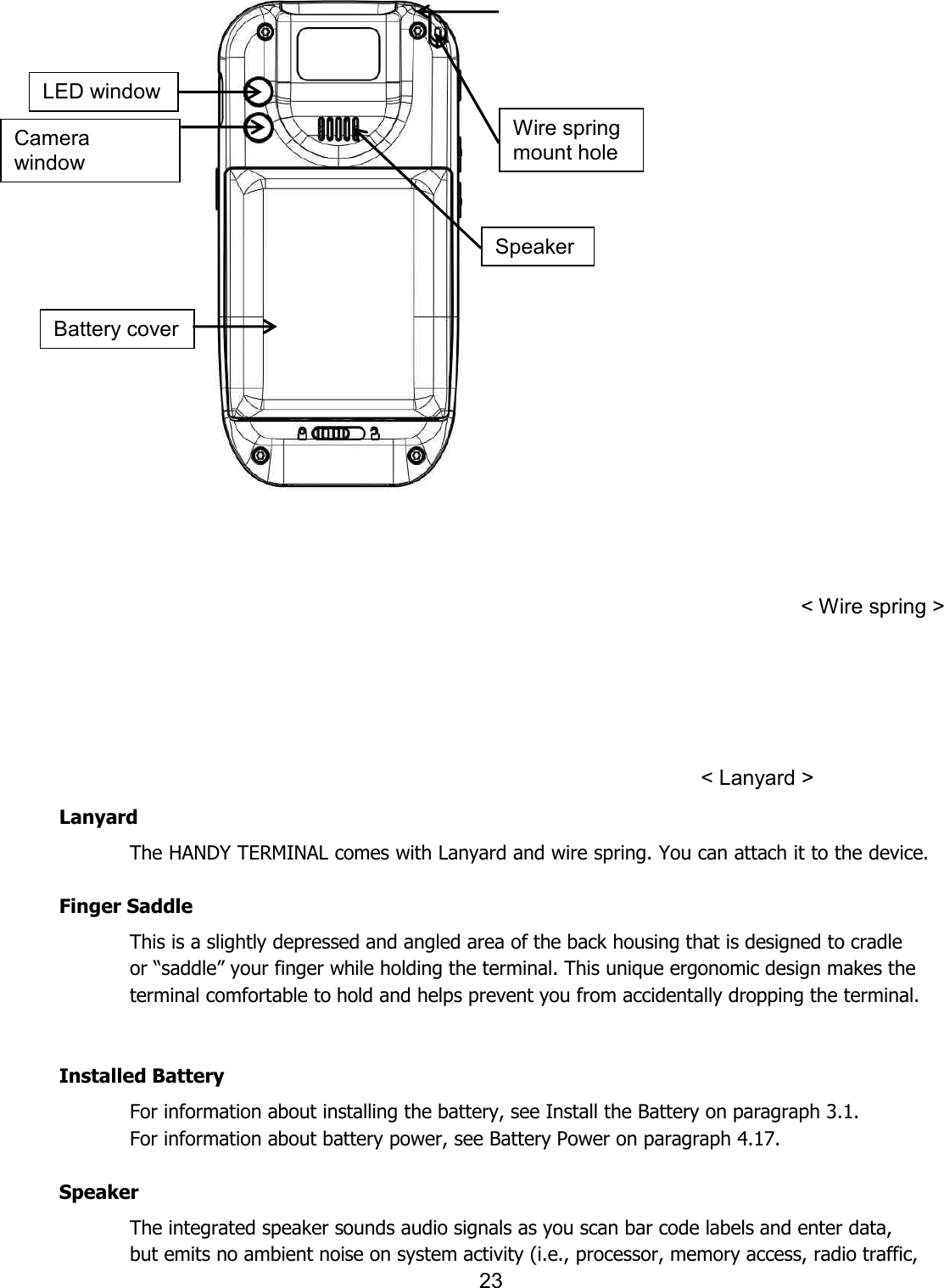 23                Lanyard   The HANDY TERMINAL comes with Lanyard and wire spring. You can attach it to the device.  Finger Saddle This is a slightly depressed and angled area of the back housing that is designed to cradle or “saddle” your finger while holding the terminal. This unique ergonomic design makes the terminal comfortable to hold and helps prevent you from accidentally dropping the terminal.   Installed Battery For information about installing the battery, see Install the Battery on paragraph 3.1.   For information about battery power, see Battery Power on paragraph 4.17.  Speaker The integrated speaker sounds audio signals as you scan bar code labels and enter data, but emits no ambient noise on system activity (i.e., processor, memory access, radio traffic, &lt; Lanyard &gt; &lt; Wire spring &gt; Battery cover LED window Camera window Speaker Wire spring mount hole 