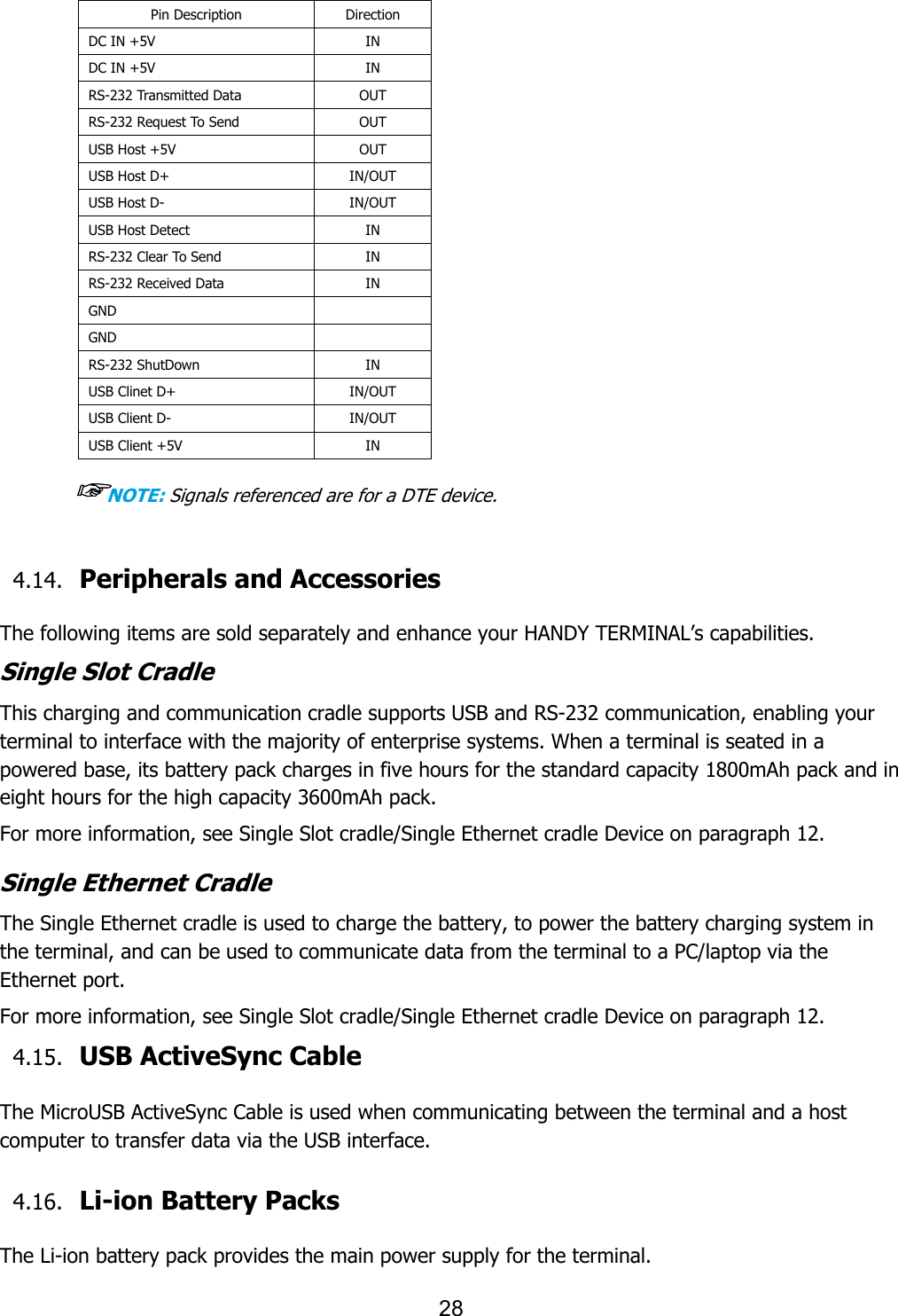 28   Pin Description Direction DC IN +5V   IN DC IN +5V   IN RS-232 Transmitted Data   OUT RS-232 Request To Send   OUT USB Host +5V   OUT USB Host D+   IN/OUT USB Host D-   IN/OUT USB Host Detect   IN RS-232 Clear To Send   IN RS-232 Received Data   IN GND    GND    RS-232 ShutDown   IN USB Clinet D+   IN/OUT USB Client D- IN/OUT USB Client +5V IN  ☞NOTE: Signals referenced are for a DTE device.  4.14. Peripherals and Accessories    The following items are sold separately and enhance your HANDY TERMINAL’s capabilities. Single Slot Cradle This charging and communication cradle supports USB and RS-232 communication, enabling your terminal to interface with the majority of enterprise systems. When a terminal is seated in a powered base, its battery pack charges in five hours for the standard capacity 1800mAh pack and in eight hours for the high capacity 3600mAh pack.  For more information, see Single Slot cradle/Single Ethernet cradle Device on paragraph 12.  Single Ethernet Cradle The Single Ethernet cradle is used to charge the battery, to power the battery charging system in the terminal, and can be used to communicate data from the terminal to a PC/laptop via the Ethernet port.  For more information, see Single Slot cradle/Single Ethernet cradle Device on paragraph 12. 4.15. USB ActiveSync Cable      The MicroUSB ActiveSync Cable is used when communicating between the terminal and a host computer to transfer data via the USB interface.    4.16. Li-ion Battery Packs    The Li-ion battery pack provides the main power supply for the terminal.     