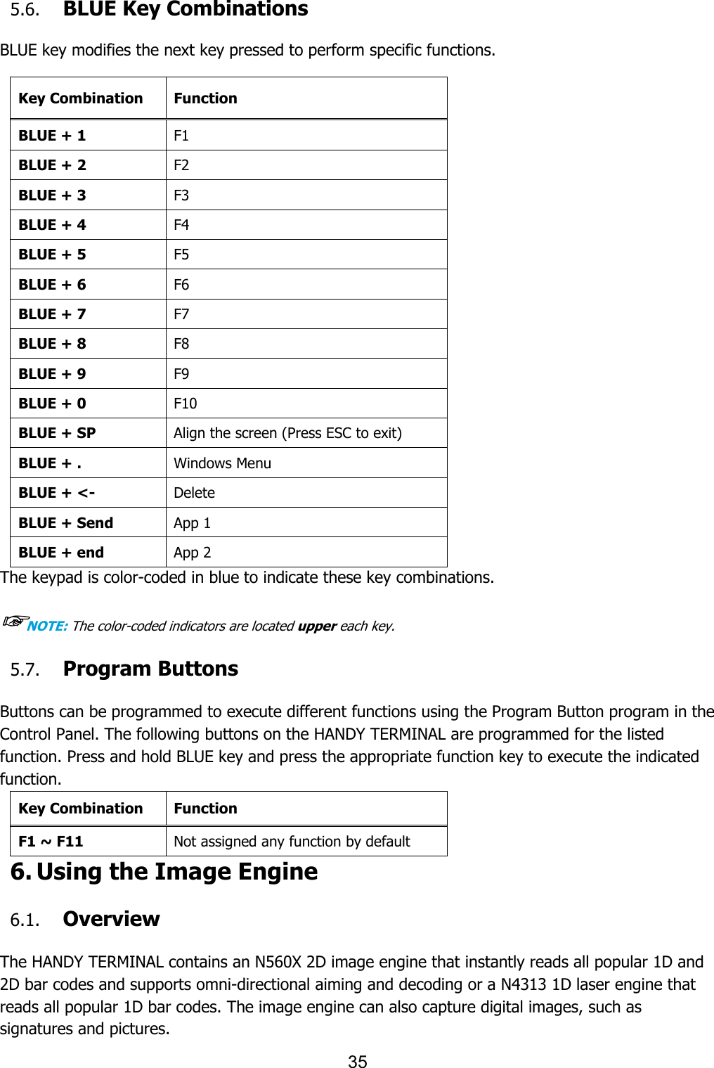 35  5.6. BLUE Key Combinations    BLUE key modifies the next key pressed to perform specific functions.  Key Combination Function BLUE + 1 F1 BLUE + 2 F2 BLUE + 3 F3 BLUE + 4 F4 BLUE + 5 F5 BLUE + 6 F6 BLUE + 7 F7 BLUE + 8 F8 BLUE + 9 F9 BLUE + 0 F10 BLUE + SP Align the screen (Press ESC to exit) BLUE + . Windows Menu BLUE + &lt;- Delete BLUE + Send App 1 BLUE + end App 2 The keypad is color-coded in blue to indicate these key combinations.  ☞NOTE: The color-coded indicators are located upper each key. 5.7. Program Buttons  Buttons can be programmed to execute different functions using the Program Button program in the Control Panel. The following buttons on the HANDY TERMINAL are programmed for the listed function. Press and hold BLUE key and press the appropriate function key to execute the indicated function. Key Combination Function F1 ~ F11 Not assigned any function by default 6. Using the Image Engine  6.1. Overview  The HANDY TERMINAL contains an N560X 2D image engine that instantly reads all popular 1D and 2D bar codes and supports omni-directional aiming and decoding or a N4313 1D laser engine that reads all popular 1D bar codes. The image engine can also capture digital images, such as signatures and pictures. 