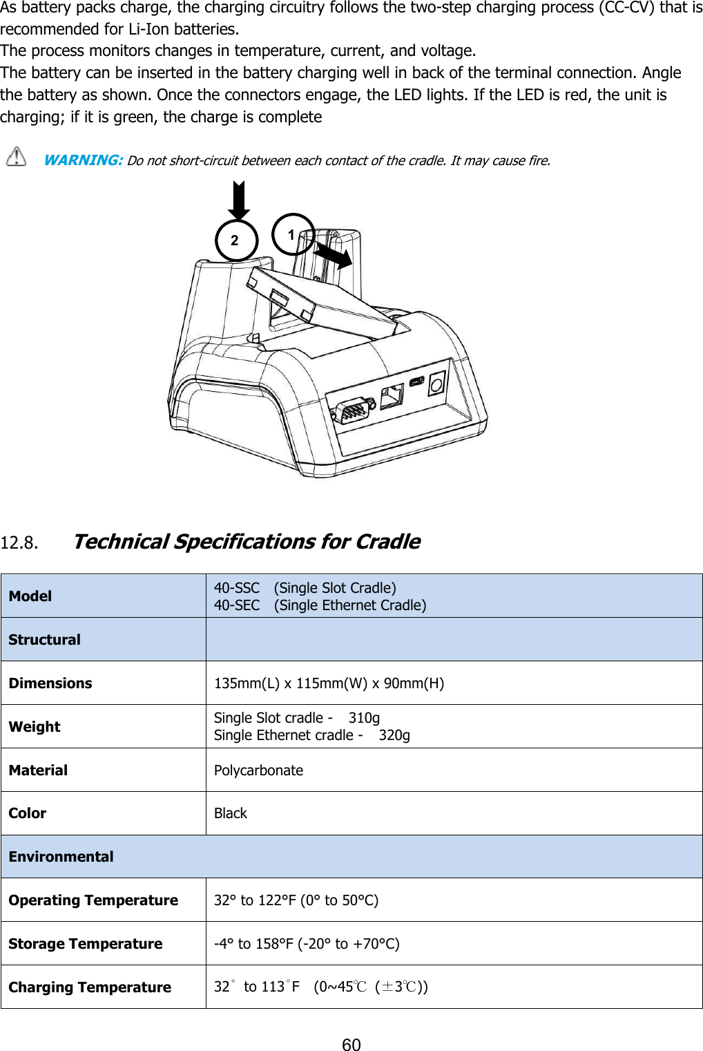  As battery packs charge, the charging circuitry follows the tworecommended for Li-Ion batteries.The process monitors changes in temperature, current, and voltage.The battery can be inserted in the battery the battery as shown. Once the connectors engage, the LED lights. If the LED is red, the unit is charging; if it is green, the charge is complete WARNING: Do not short-circuit between each contact o                12.8. Technical Specifications Model 4040Structural  Dimensions 135Weight Single SlotSingle Material PolycarbonateColor BlackEnvironmental Operating Temperature 32Storage Temperature -4° to 158°F (Charging Temperature 3260 As battery packs charge, the charging circuitry follows the two-step charging process (CCIon batteries. The process monitors changes in temperature, current, and voltage. The battery can be inserted in the battery charging well in back of the terminal connection. Angle the battery as shown. Once the connectors engage, the LED lights. If the LED is red, the unit is charging; if it is green, the charge is complete circuit between each contact of the cradle. It may cause fireTechnical Specifications for Cradle 40-SSC    (Single Slot Cradle) 40-SEC    (Single Ethernet Cradle) 135mm(L) x 115mm(W) x 90mm(H) Single Slot cradle -   310g Single Ethernet cradle -   320g Polycarbonate Black 32° to 122°F (0° to 50°C) 4° to 158°F (-20° to +70°C) 32˚  to 113˚F    (0~45℃  (±3℃)) 1 2 step charging process (CC-CV) that is charging well in back of the terminal connection. Angle the battery as shown. Once the connectors engage, the LED lights. If the LED is red, the unit is f the cradle. It may cause fire. 