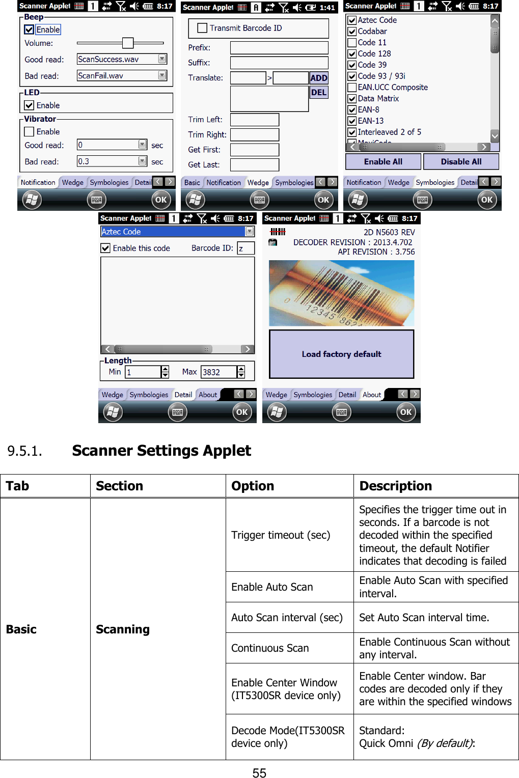 55           9.5.1.   Scanner Settings Applet  Tab Section Option Description Basic Scanning Trigger timeout (sec) Specifies the trigger time out in seconds. If a barcode is not decoded within the specified timeout, the default Notifier indicates that decoding is failed Enable Auto Scan Enable Auto Scan with specified interval. Auto Scan interval (sec) Set Auto Scan interval time. Continuous Scan Enable Continuous Scan without any interval. Enable Center Window (IT5300SR device only) Enable Center window. Bar codes are decoded only if they are within the specified windows Decode Mode(IT5300SR device only) Standard:   Quick Omni (By default):   