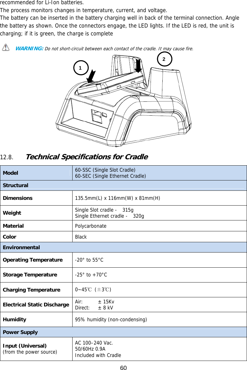 60  recommended for Li-Ion batteries. The process monitors changes in temperature, current, and voltage. The battery can be inserted in the battery charging well in back of the terminal connection. Angle the battery as shown. Once the connectors engage, the LED lights. If the LED is red, the unit is charging; if it is green, the charge is complete  WARNING: Do not short-circuit between each contact of the cradle. It may cause fire.             12.8. Technical Specifications for Cradle  Model  60-SSC (Single Slot Cradle) 60-SEC (Single Ethernet Cradle) Structural Dimensions  135.5mm(L) x 116mm(W) x 81mm(H) Weight Single Slot cradle -  315g Single Ethernet cradle -  320g Material Polycarbonate Color Black Environmental Operating Temperature  -20° to 55°C Storage Temperature  -25° to +70°C Charging Temperature 0~45℃ (±3℃) Electrical Static Discharge Air:  Direct:  ± 15Kv ± 8 kV Humidity 95% humidity (non-condensing) Power Supply Input (Universal) (from the power source) AC 100–240 Vac. 50/60Hz 0.9A Included with Cradle  1 2 