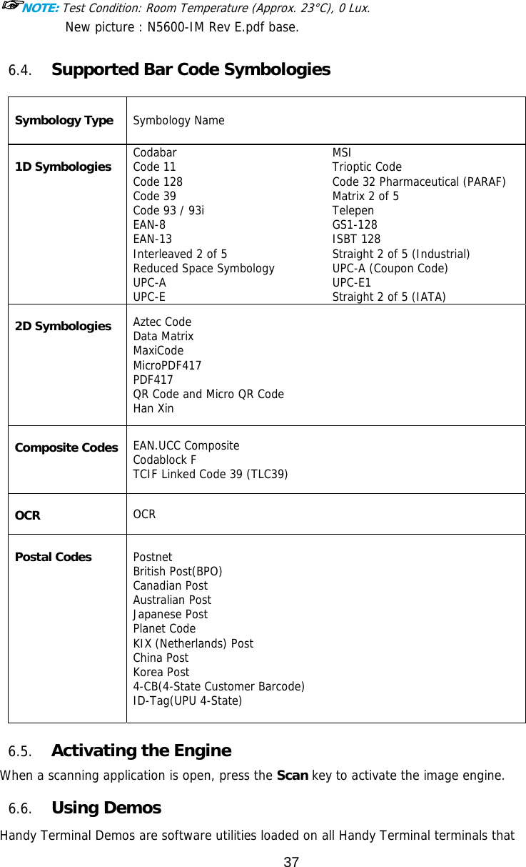 37  ☞NOTE: Test Condition: Room Temperature (Approx. 23°C), 0 Lux.  New picture : N5600-IM Rev E.pdf base.   6.4. Supported Bar Code Symbologies  Symbology Type  Symbology Name  1D Symbologies Codabar Code 11 Code 128 Code 39 Code 93 / 93i EAN-8 EAN-13 Interleaved 2 of 5 Reduced Space Symbology UPC-A UPC-E MSI Trioptic Code Code 32 Pharmaceutical (PARAF) Matrix 2 of 5 Telepen GS1-128 ISBT 128 Straight 2 of 5 (Industrial) UPC-A (Coupon Code) UPC-E1  Straight 2 of 5 (IATA)  2D Symbologies Aztec Code Data Matrix MaxiCode MicroPDF417 PDF417 QR Code and Micro QR Code Han Xin  Composite Codes EAN.UCC Composite Codablock F TCIF Linked Code 39 (TLC39)  OCR  OCR  Postal Codes   Postnet British Post(BPO) Canadian Post Australian Post Japanese Post Planet Code KIX (Netherlands) Post China Post Korea Post 4-CB(4-State Customer Barcode) ID-Tag(UPU 4-State)   6.5. Activating the Engine  When a scanning application is open, press the Scan key to activate the image engine.  6.6. Using Demos Handy Terminal Demos are software utilities loaded on all Handy Terminal terminals that 