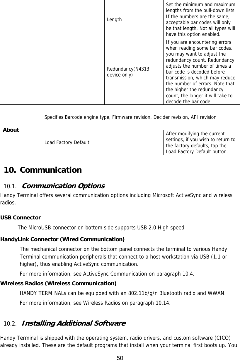 50  Length Set the minimum and maximum lengths from the pull-down lists. If the numbers are the same, acceptable bar codes will only be that length. Not all types will have this option enabled. Redundancy(N4313 device only) If you are encountering errors when reading some bar codes, you may want to adjust the redundancy count. Redundancy adjusts the number of times a bar code is decoded before transmission, which may reduce the number of errors. Note that the higher the redundancy count, the longer it will take to decode the bar code About Specifies Barcode engine type, Firmware revision, Decider revision, API revision Load Factory Default After modifying the current settings, if you wish to return to the factory defaults, tap the Load Factory Default button.  10. Communication  10.1. Communication Options  Handy Terminal offers several communication options including Microsoft ActiveSync and wireless radios.  USB Connector The MicroUSB connector on bottom side supports USB 2.0 High speed  HandyLink Connector (Wired Communication) The mechanical connector on the bottom panel connects the terminal to various Handy Terminal communication peripherals that connect to a host workstation via USB (1.1 or higher), thus enabling ActiveSync communication.  For more information, see ActiveSync Communication on paragraph 10.4. Wireless Radios (Wireless Communication) HANDY TERMINALs can be equipped with an 802.11b/g/n Bluetooth radio and WWAN.   For more information, see Wireless Radios on paragraph 10.14.  10.2. Installing Additional Software  Handy Terminal is shipped with the operating system, radio drivers, and custom software (CICO) already installed. These are the default programs that install when your terminal first boots up. You 